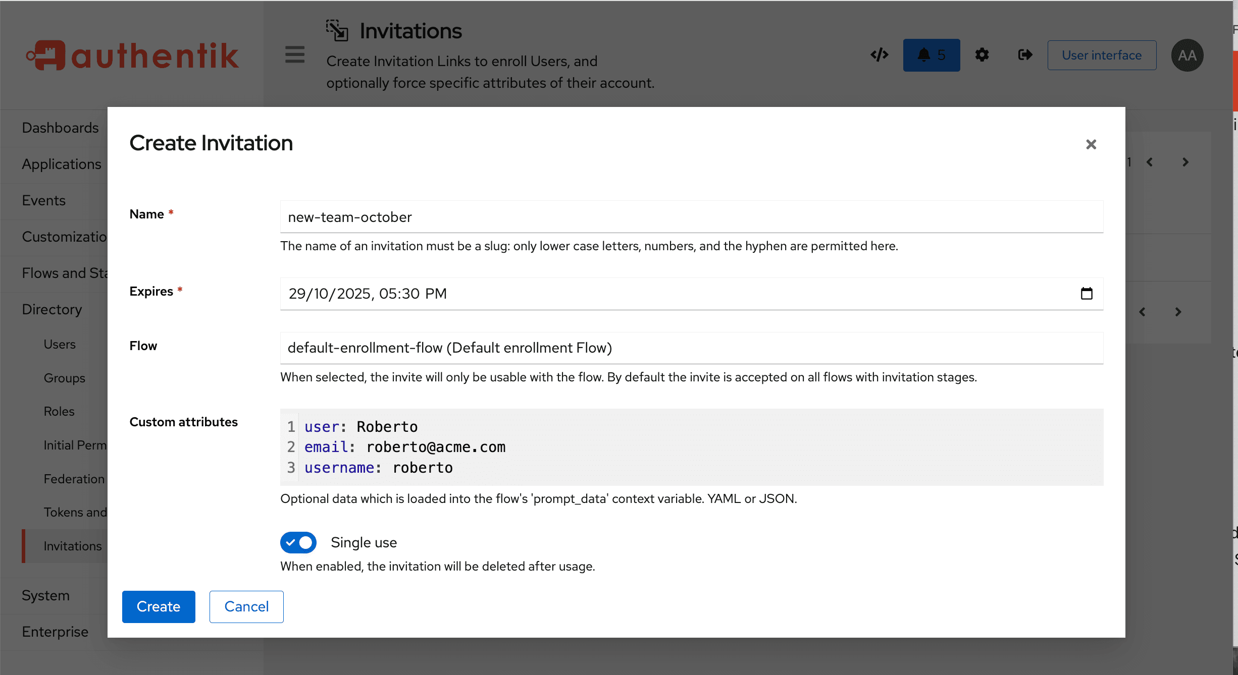 Create an invitation modal